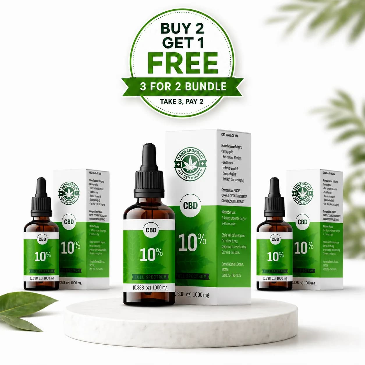 Πακέτο 3 στην τιμή των 2 Έλαιο CBD 10% Cannapopolis πακέτο Cannapopolis